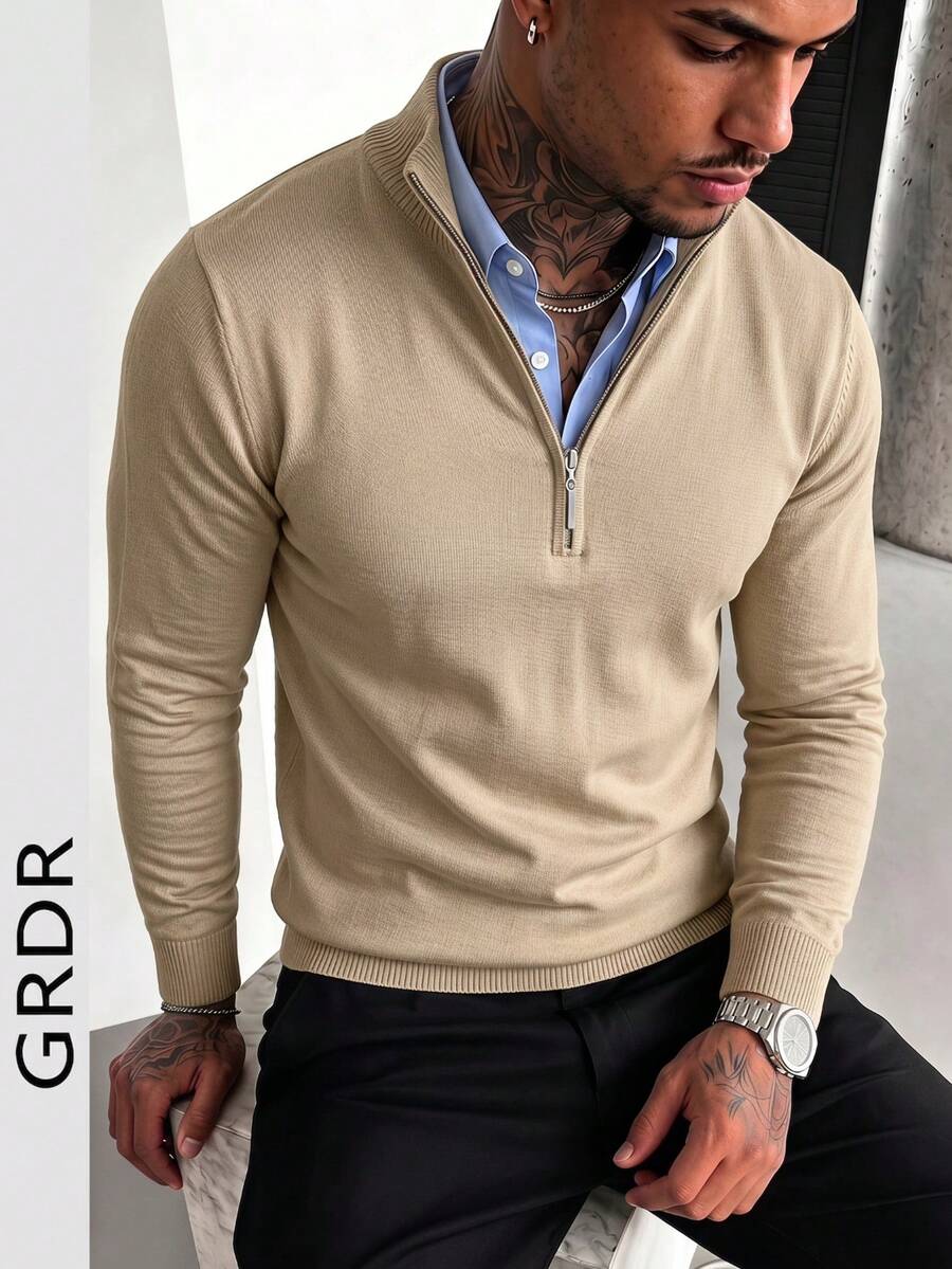 GRDR Men's Casual Long Sleeve Half Zip Knit Sweater, Versatile For Daily Wear