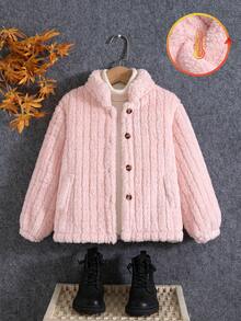Girls' Casual Fashion Solid Color Vertical Stripe Stand Collar Single-Breasted Design Fleece Lined Thickened Jacket, Versatile For Autumn/Winter - Pink - View 2