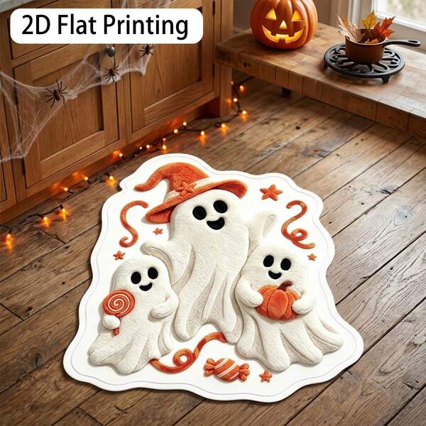 2D Flat 1pc Halloween Ghost Pattern Kitchen Mat, Faux Cashmere Water-Resistant Home Bathroom Rug, Small Kitchen Entrance Mat, Suitable For Laundry Room, Game Room, Hallway, Farmhouse, Patio, Balcony, Porch, Indoor/Outdoor Entrance Door Decor Mat, Bathroom Bedroom Living Room Dining Room Decor, Room Decor, Home Decor, Home Gift Welcome Mat, Birthday Gift, Party Gift, All Seasons