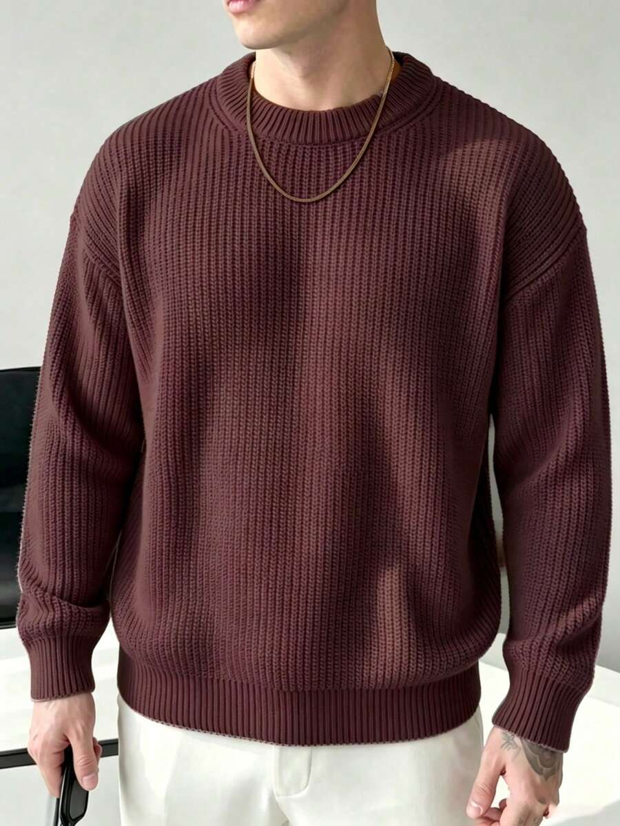 Lightweight Casual Textured Knit Sweater, Minimalist Design, Loose Fit Crew Neck Pullover For Unisex, Suitable For Autumn/Winter - Brown - View 1