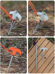 1 Set Heavy Duty Threaded Tent Stakes Kit, 2 Metal Threaded Tent Stakes With 4 Tent Guy Ropes And 4 D-Shaped Clips, Outdoor Camping Beach Awning Fixing Accessories - Multicolor - View 6