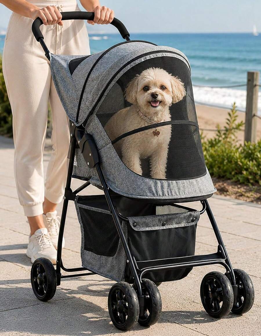 2026-NEW:Trails Lite carriola para mascotas para gatos/perros, entrada con cierre, fácil de plegar con forroíble, correa de , cesta de almacenamiento, gris titanio - Negro - Ver 1