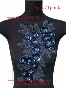BNH1463 熱銷珠飾與水鑽貼花蕾絲飾邊布料，DIY手工服飾與家居紡織配件，新款3D花卉亮片設計，寬度：21cm - 藏青 - 查看 11