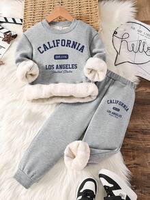 Toddler Letter Print Warm Crew Neck Sweatshirt And Sweatpants - Grey - View 1