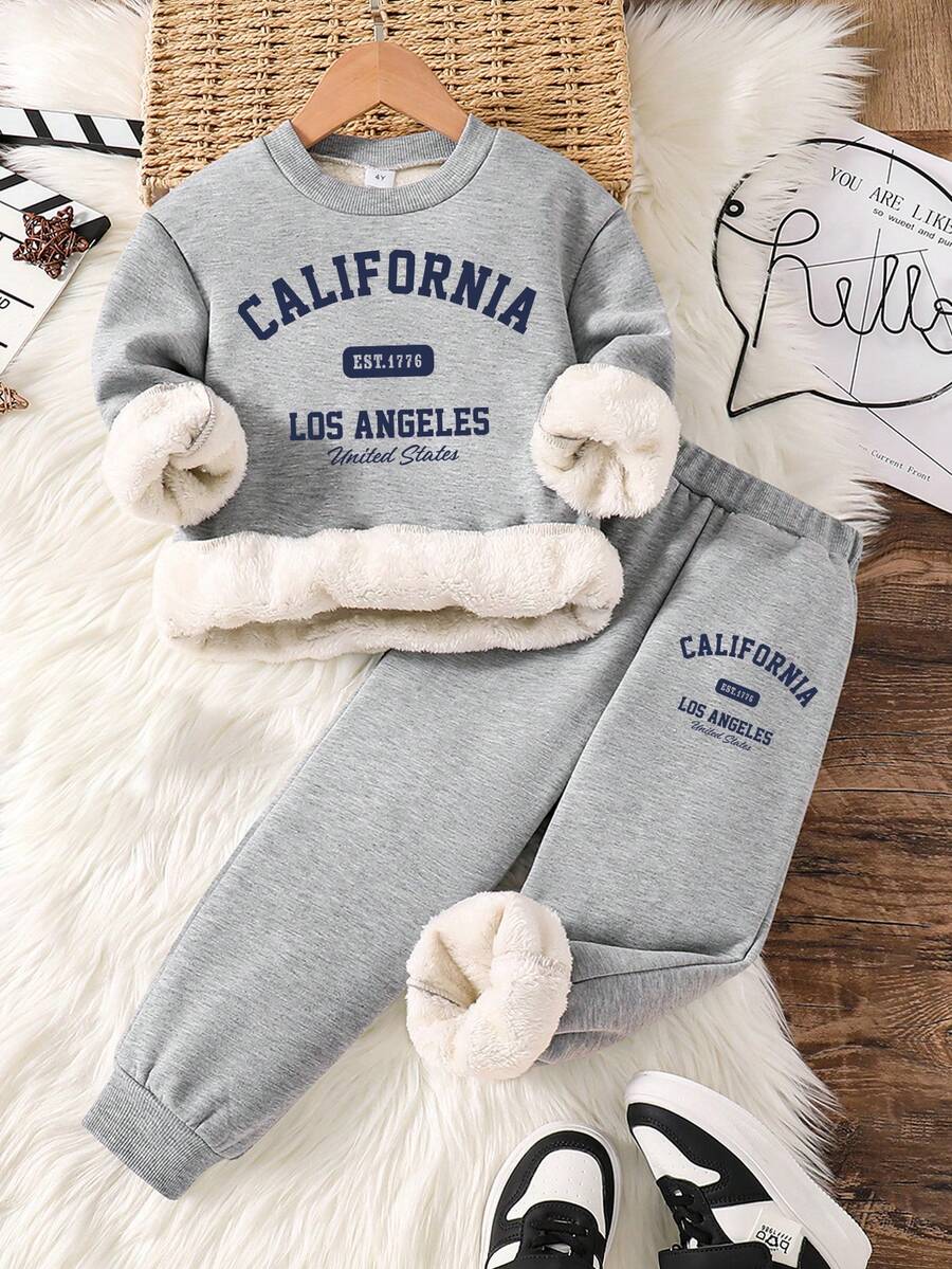 Toddler Letter Print Warm Crew Neck Sweatshirt And Sweatpants - Grey - View 1
