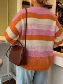 Women's Comfortable Striped Knit Pullover Sweater, Long Sleeve Loose Warm Pullover, Suitable For Winter Wear - Multicolor - View 6