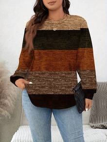 Plus Size Long Sleeve Colorblock Casual Top, Comfortable Lightweight Knit Fabric, Perfect For Daily Wear, Versatile Autumn Colorway - Mixed Colors - View 1