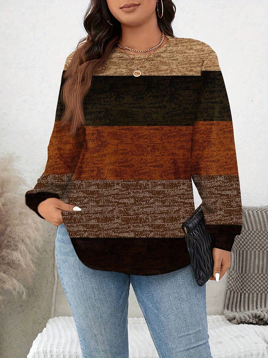 Plus Size Long Sleeve Colorblock Casual Top, Comfortable Lightweight Knit Fabric, Perfect For Daily Wear, Versatile Autumn Colorway - Mixed Colors - View 1