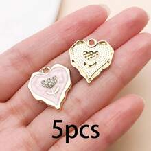 5/10pcs Heart Metal Charms, Wavy Irregular Heart Pendant With Crystal Rose, Two-Tone For Jewelry Keychain Bag Ornament DIY Craft Accessories - Multicolor - View 13