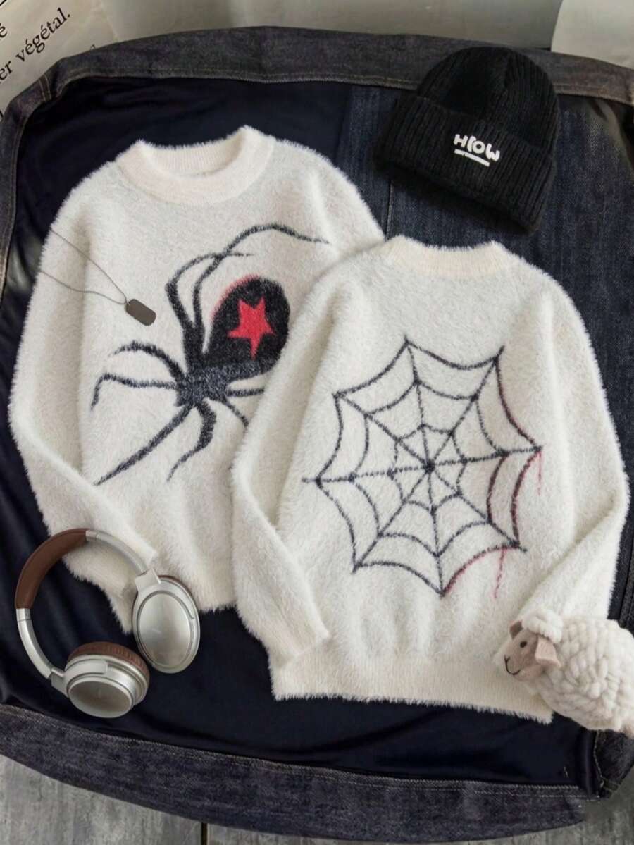 Boys' Street Style Pentagram & Spider Faux Fur Knit Pullover Sweater, Suitable For Halloween, Casual Wear In Spring, Autumn And Winter - White - View 1