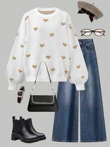 Sweater Lengan Panjang Leher Bulat Motif Hati untuk Wanita, Bahan Regular Fit, Cocok untuk Musim Gugur dan Musim Dingin, Modis dan Nyaman. - Putih - View 8