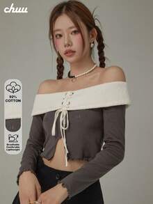 CHUU Colorblock Tie Long Sleeve T-Shirt Women Autumn Letter Split Off Shoulder Ruffle Hem Top - Grey - View 1