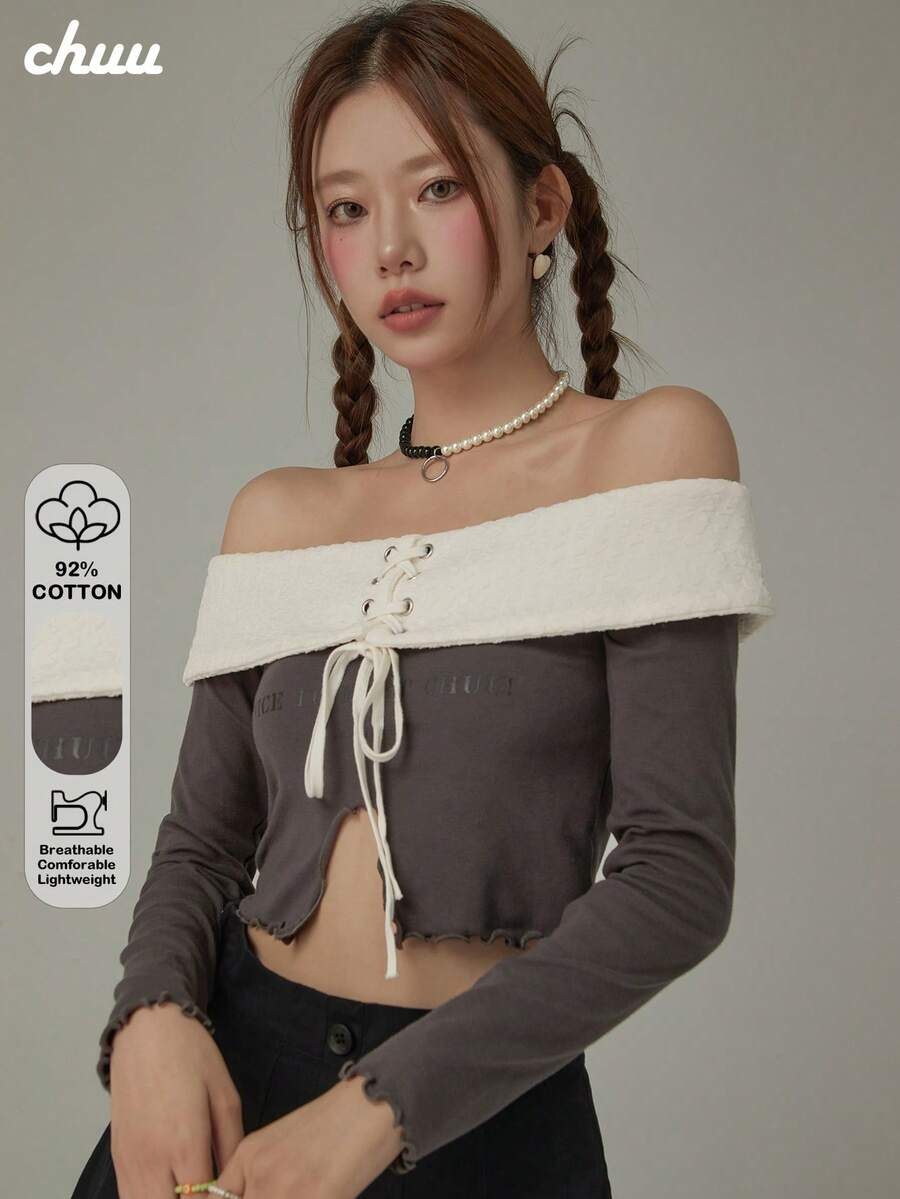 CHUU Colorblock Tie Long Sleeve T-Shirt Women Autumn Letter Split Off Shoulder Ruffle Hem Top - Grey - View 1