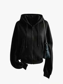 1pc Women's Fashion Minimalist Solid Color Zip-Up Hoodie, Long Sleeve Drawstring Hood Design, Casual Travel Gym Jacket Black - Black - View 5