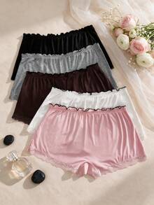 5pcs Ruffle Waist Lace Hem Ribbed Safety Shorts Women Casual Anti-Chafing Lounge Shorts - Multicolor - View 2