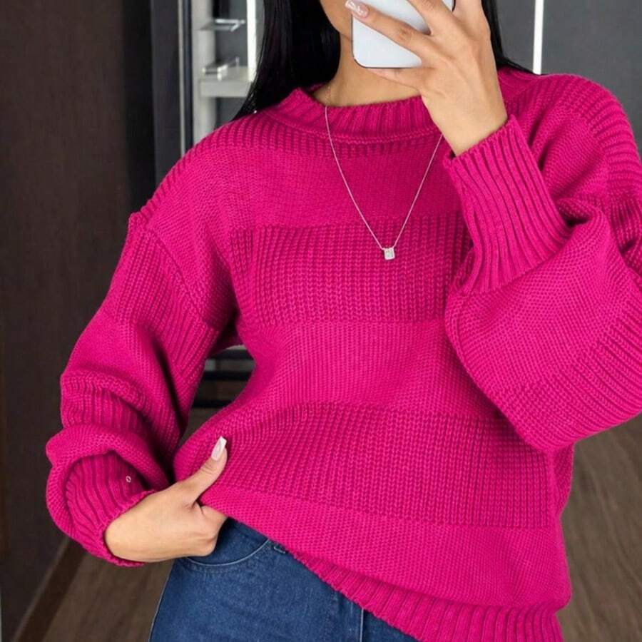 suéter de tricô de listras  Tricô de malha    blusa de tricô  outono ,inverno - Pink - Visão 1