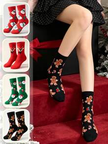 4 Pairs Christmas Theme Cartoon Mid-Calf Socks For Women Red Reindeer Snowman Gingerbread Man Christmas Tree Jacquard Cotton Socks Festive Atmosphere Versatile Celebration New Year Slouch Socks - Multicolor - View 6