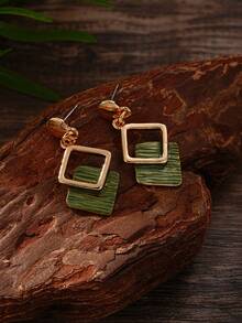 Cring Coco Set Perhiasan Geometris Persegi Enamel Hijau Gradien 4 Buah, Kalung Rantai Statement, Anting-Anting Gantung, Gelang Manset, Aksesoris Bertekstur untuk Wanita - Geometri 1 - View 5