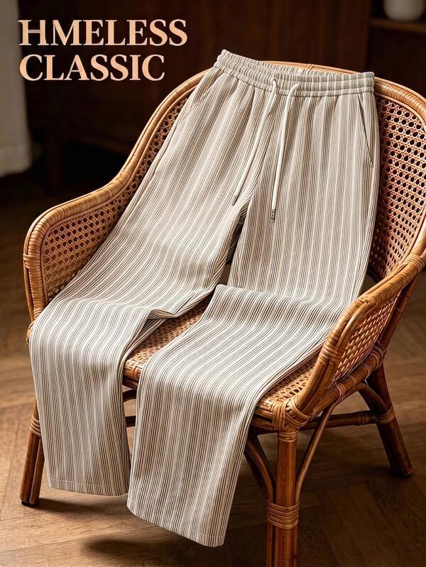 Men's Long Pants Elastic Waist Drawstring Casual Pants Beach Sand Beach Men's Spring Summer Thin Breathable Striped Loose Drape Lazy Wide Leg Pants