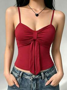 Women's Pure Red Spaghetti Strap Camisole Top With Twisted Front Tie Hem, Fitted Sleeveless Tank For Casual Daily Wear And Dating - Red - View 5