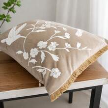1pc Luxury Velvet Decorative Pillow Case With Tassels, Cream Hummingbird And Floral Embroidery Cushion Cover, Suitable For Sofa, Armchair, Aesthetic Room Decor - Khaki - View 5