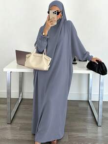 Solid Color Loose One-Piece Hijab Long Robe, Elastic Ribbed Cuffs Wide Sleeve Elegant Jilbab Robe, Muslim Women Daily Prayer Casual Outfit - Multicolor - View 8