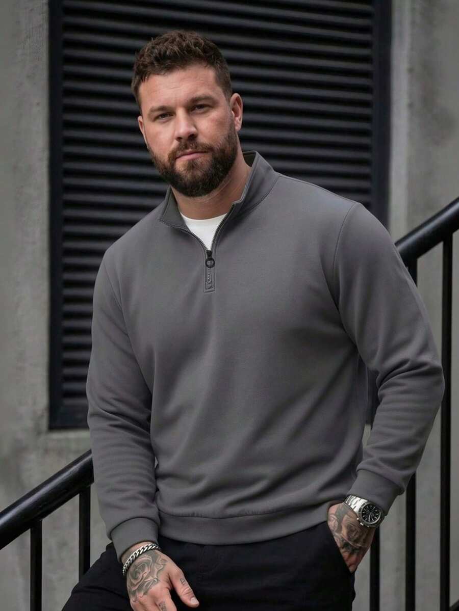 Plus Size Stand Collar Zip-Up Sweatshirt, Long Sleeve Top, Suitable For Autumn/Winter - Grey - View 1