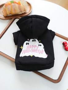 PETCIRCLE 1件寵物衣服 秋冬新款小狗幼犬貓用可愛字母刺繡連帽帽帽衛衣，萬聖節節慶氛圍 - Happy - 黑色 - 查看 2