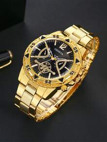 5pcs Gold Hip Hop New Men's Watch & Jewelry Set, Cross, Embossed Wallet, Suitable For Daily Wear, Holiday Gift, For Father - Gold - View 8