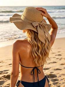 1pc Ladies' Khaki Wave Striped Bowknot Beach Hat, Elegant And Sun-Protected For Beach Vacation - Multicolor - View 3