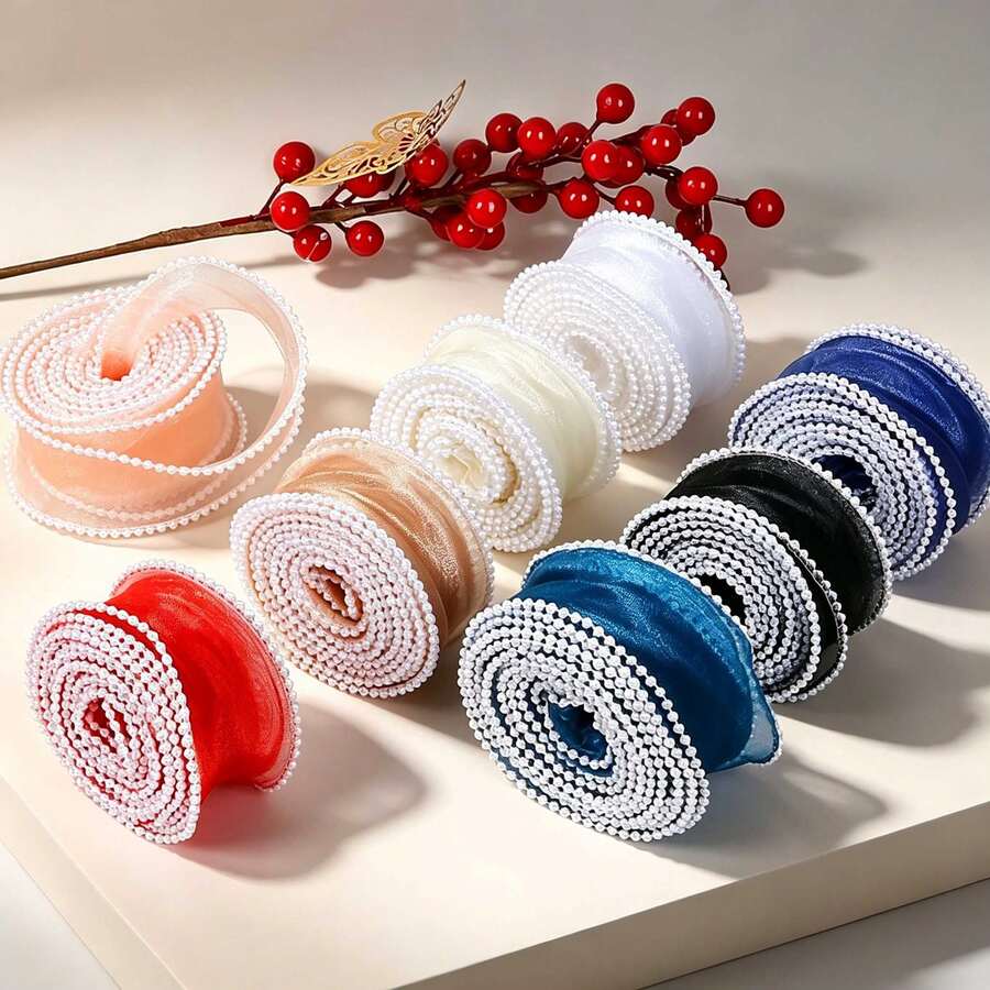 1 捲 (4cm*5yd) 珍珠魚尾薄紗緞帶,手工花束緞帶,婚禮裝飾、聖誕花環,多色布料 - 1PCS - 查看 1