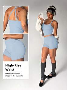 FWH #Fresh Quiet Minimalist Fitness Style# 大學生清新運動風 女款運動背心短褲兩件套 夏季 - 藍色 - 查看 2