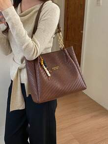 New Vintage-Style Chain-Detail Woven-Textured PU Shoulder Tote With Charms-Women's Large-Capacity Commuter Bag And Handbag - Brown - View 4
