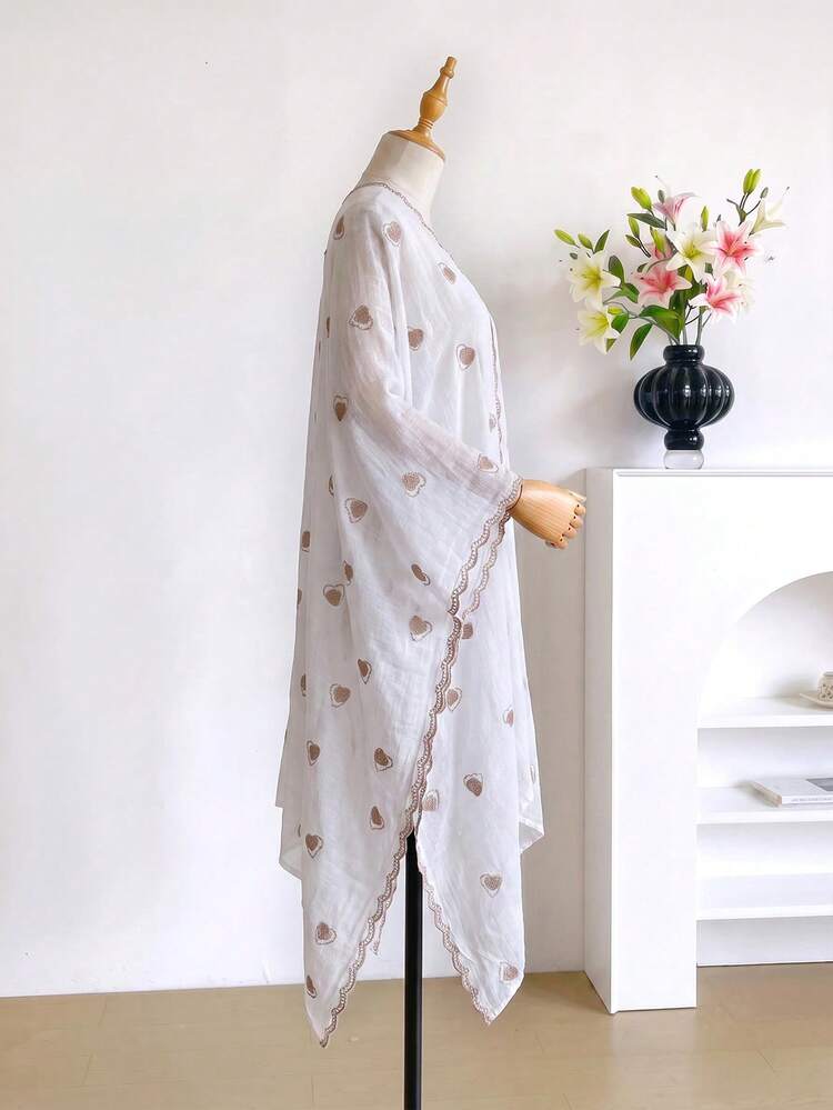 1pc Minimalist Heart Pattern Embroidered Split Shawl Kimono/Sarong, Bohemian Style Spring/Summer Beach Vacation Sun Protection Cover-Up, Decorative Embroidered Cardigan, Suitable For Daily Wear, Gift Choice - White - View 3