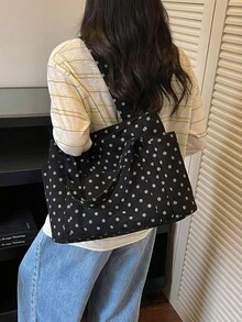 新款波點大容量女款單肩包，百搭通勤尼龍布托特包，休閒腋下托特包，黑色多口袋波點印花設計手提包，極簡大容量女款單肩包，休閒大學生/研究生筆電包，時尚百搭大號手提包，方便旅行與日常使用，極簡純色手提包 - 黑色 - 查看 2