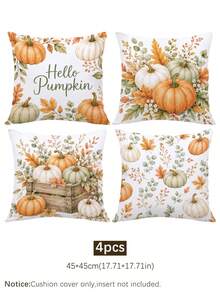 Autumn Watercolor Pumpkin & Floral Cushion Covers 4pcs Set, Single-Sided Printed Peach Skin Velvet Polyester Material, 45*45CM Throw Pillow Covers For Modern Fabric Sofa Indoor Decor, Party Decoration, Gift Giving - Multicolor - View 9