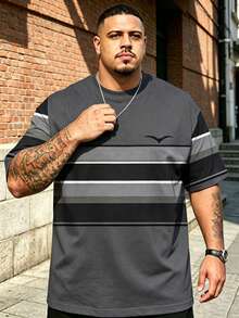 Plus Size Men's Striped Short Sleeve T-Shirt, Summer Gray & Black Contrast Color Casual Top, Loose Fit Slimming Brand Tee Sports - Grey - View 1