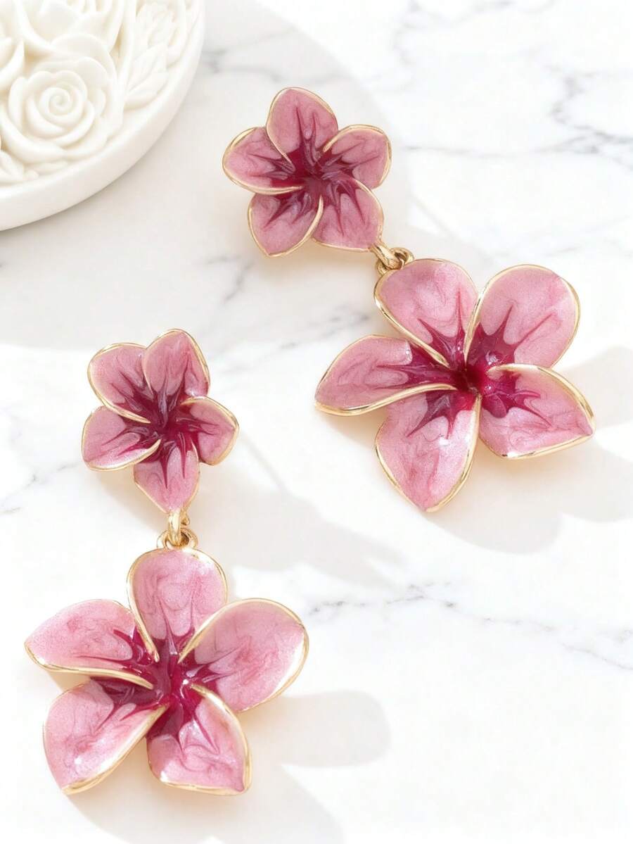 1 Pair Enamel Drip Glazed Asymmetrical Flower Earrings For Girl ...