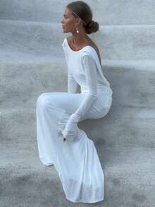 SYchuan Plain Sexy Backless Ruched Long Sleeve Dress White Spring Elegant - White - View 1