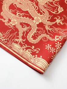 中式吉祥龍圖騰印花開襟夾克襯衫，輕量聚酯纖維，休閒夏季寬鬆版型，浮世繪披肩原宿和服數位印花漢服，易打理 - 紅色 - 查看 11