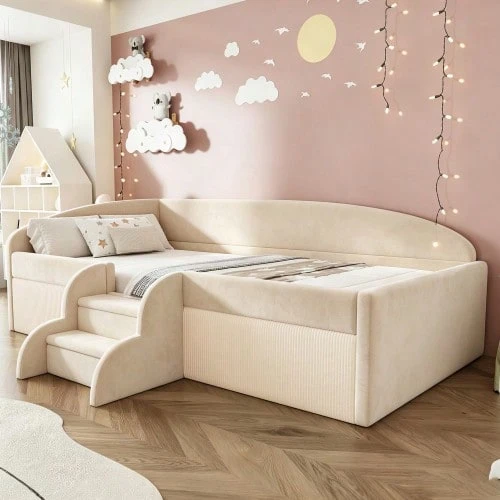 Upholstered Children's Bed 90*190cm, Multifunctional Bed With Steps And Safety Rails - Beige - View 1