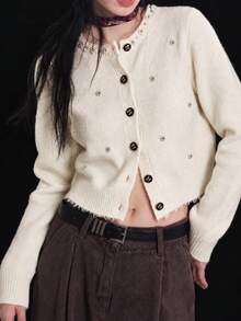 JIANHU White Faux Pearl Decorated Knit Cardigan - Autumn/Winter Cardigan, Adorned With Crystal Buttons And Exquisite Details. Fall - White - View 5