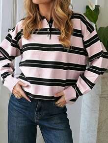 Just Masa Women's Fall Casual Cute Sweet Striped Loose Sweater Pullover,Long Sleeve POLO Collar Rib-Knit Chic Top,For Going Out,Vacation,Travel - Pink Stripes - View 6