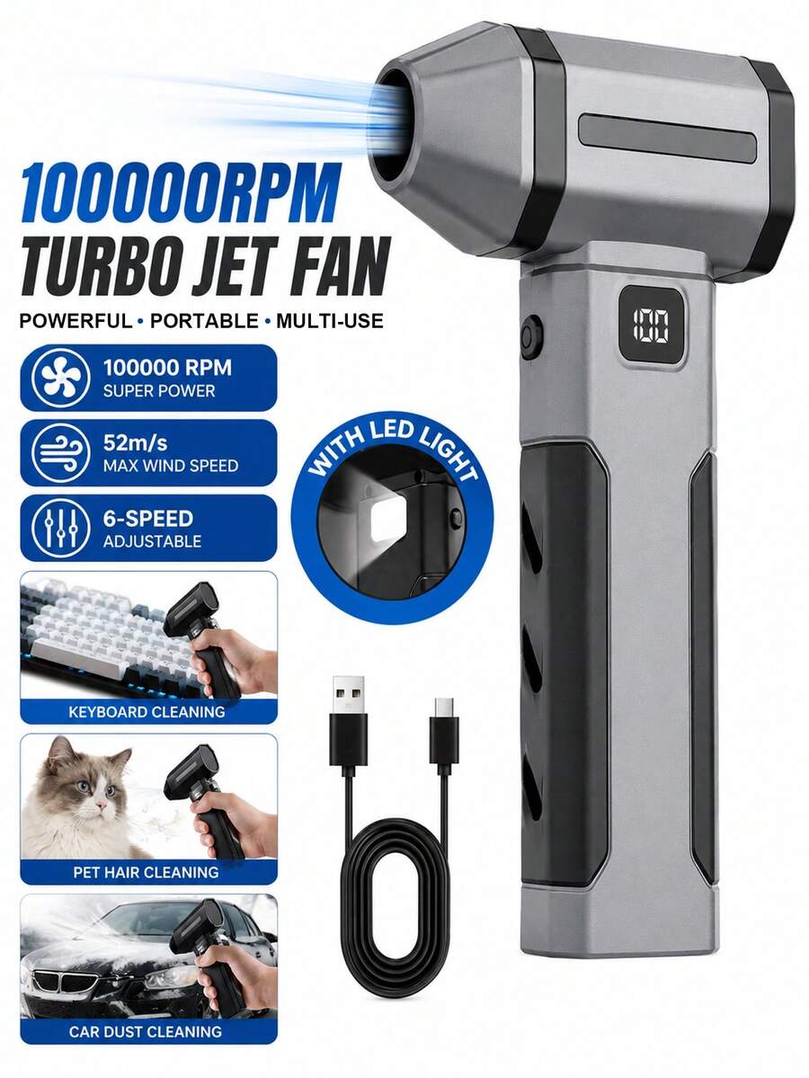 高壓渦輪噴氣風扇 10000RPM 超強力無線電動除塵吹風機 個人冷卻風扇 家用/車用雙用，配備 2600mAh 可充電電池，5 段風速與 LED 照明，耐用 ABS 材質，適用於鍵盤、電腦、汽車與居家清潔