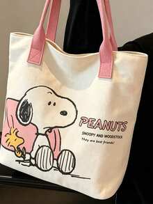 1pc Large Capacity Snoopy Color Block Canvas Shoulder Tote Bag, Casual Style, Durable Shoulder Strap And Sturdy Fabric, Foldable Lightweight Tote Bag Suitable For Women, Perfect For School, Work, Gym, Beach And Other Occasions - Rectangle - View 6