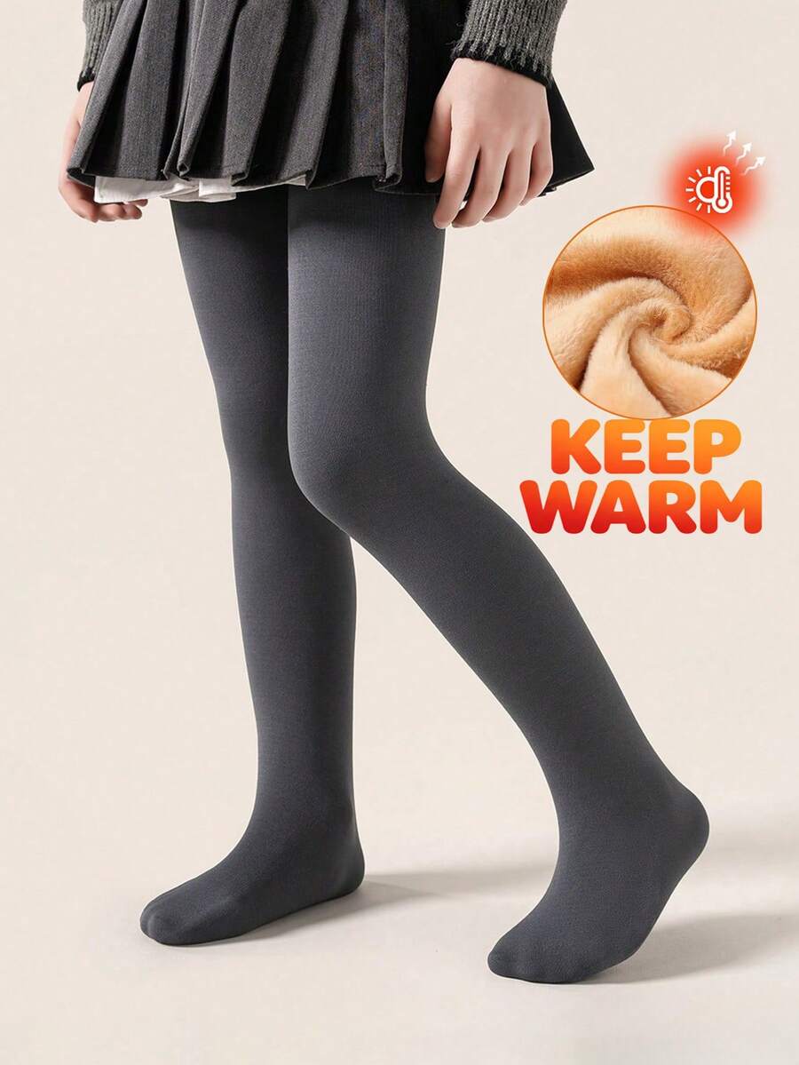 1 Pair Girls' Black Solid Color Tights, Comfortable Soft Warm Thermal ...