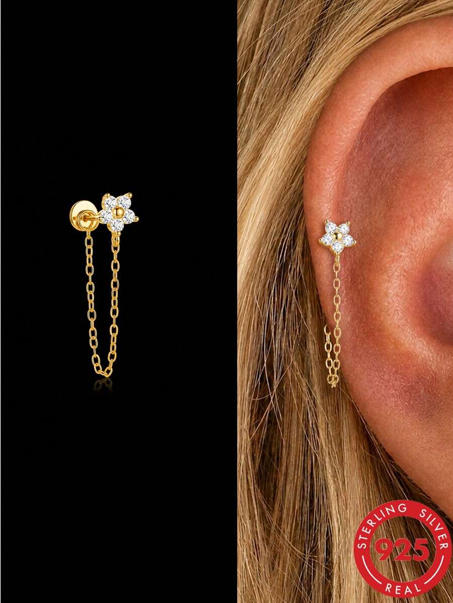 1pc 925 Sterling Silver Tassel Ear Studs For Women, Classic Cartilage Ear Bone Studs, Spiral Ear Studs, Flat Back Design, Suitable For Daily Wear And Party, Fine Jewelry