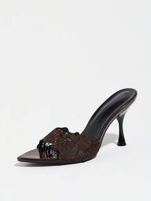 Jin Bei Qi Women's Brown Embroidered Trim, Brown Open Toe Mesh Lace Mule Shoes, Summer Vintage Vacation Fashion Thin Heel Sandals, Minimalist Style Multi-Functional Women's Formal Sandals, Pointed Toe Design Elegant Slender High Heel Women's Shoes, Brown High Heels - Brown - View 6