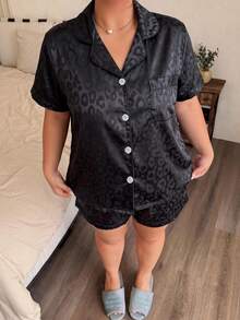 2pcs Plus Size Satin Leopard Print Short Sleeve Collared Top And Bow Shorts Women's Pajama Set Loungewear - Black - View 3