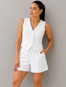 Women's Tailored Vest And Shorts Set - 白色的 - 查看 1